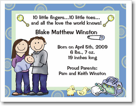 Pen At Hand Stick Figures Birth Announcements - New Parents - Boy